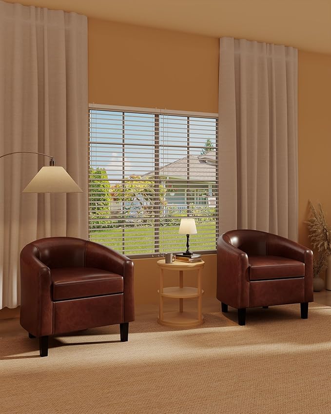GarveeHome Accent Chair Faux Leather Barrel Chairs Club Armchair with Soft Seat for Living Room Bedroom Reading Waiting Room - Brown