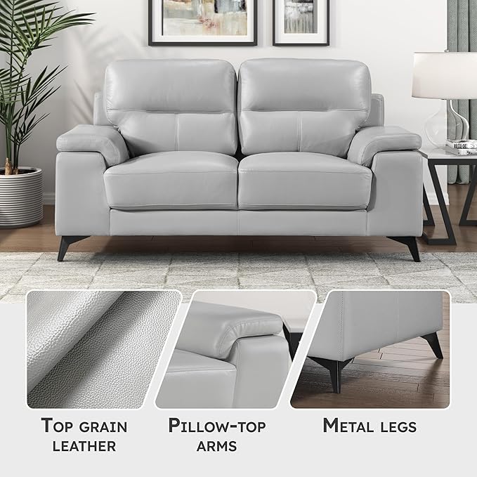 Lexicon Leather Loveseat Sofa, Modern Couch Sofa, Oversized Loveseat, Top Grain Leather Couch for Living Room, Bedroom, Office, Apartment, 2-Seater Loveseat, Silver Gray