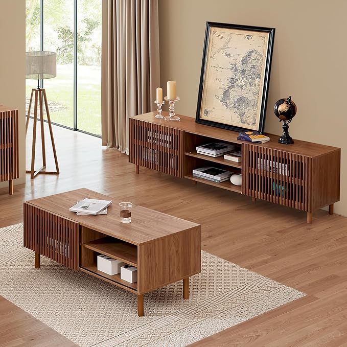 Bonzy Home 44’’ Mid Century Modern Coffee Table with Storage, Wood Center Table with Sliding Door and Open Shelves for Living Room (Walnut)