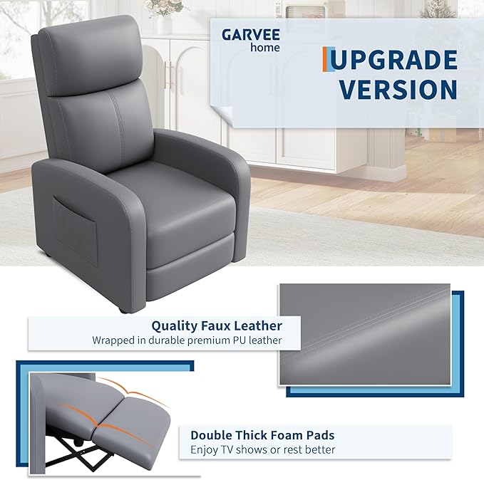 Garvee Recliner Chair for Adults Set of 2 PU Leather Lazy Recliner Ergonomic Adjustable Single Sofa Enhanced with Side Pocket, Tall Back, Wide Arms & Padded Seat, Home Theater Seating for Living Room