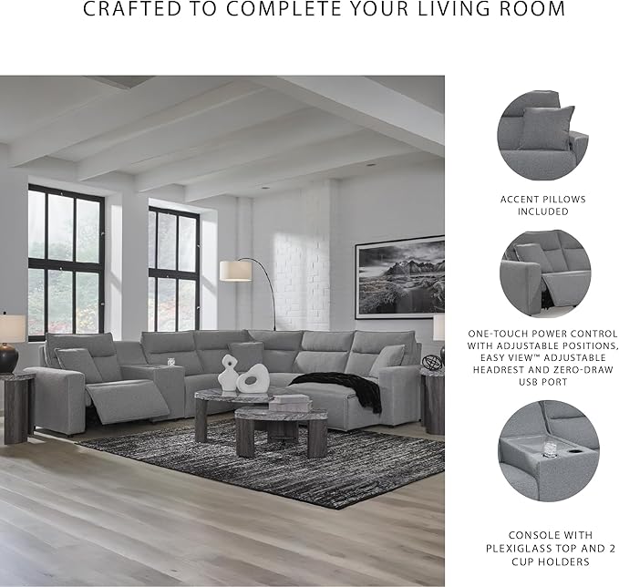 Signature Design by Ashley Modern ModMax II Stain Resistant L-Shape Right-Arm Facing 6-Piece Reclining Sectional with Console and Adjustable Headrest, Gray