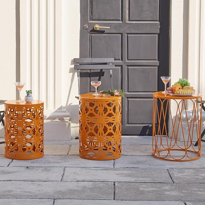 Y&M Metal Round Table, Coffee Table End Patio Table for Indoor Outdoor Multifunctional Use, Heavy Duty Metal Plant Stand Decorative Garden Stool Set of 3 - Orange - Image 5