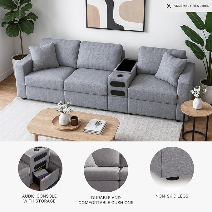 Signature Design by Ashley Modmax Casual Modular Stain Resistant 4-Piece Sectional with Audio Console, Drawer Storage, USB Ports and 2 Accent Pillows, Gray