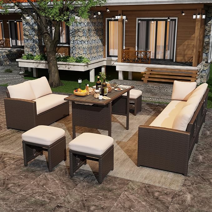 U-MAX 7 Pieces Patio Furniture Set, Outdoor Sectional Sofa Conversation Set, All Weather Wicker Rattan Dining Table & Chair with Ottoman, Brown Rattan&Khaki Cushion