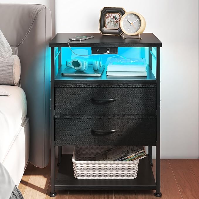 AODK Nightstand with Charging Station & LED Lights, 27.6" Tall Bedside Table with 4-Tier Storage, 2 Fabric Drawers & 2 Open Shelves, Space-Saving End Table for Bedroom, Black by AODK