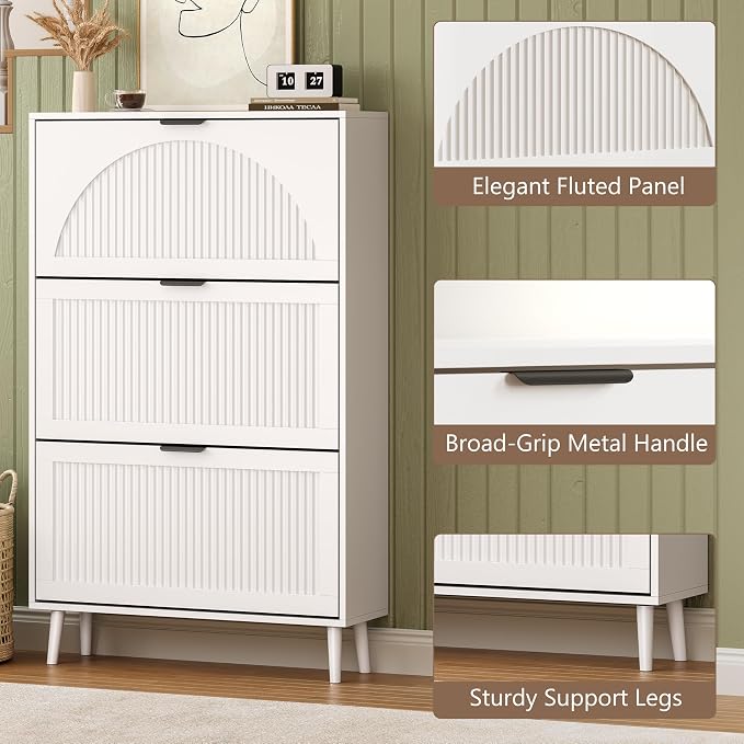 BORNOON Shoe Cabinet for Entryway with 3 Flip Drawers, Slim Wooden Shoe Storage Organizer with Modern Fluted Pannel，Freestanding Narrow Hidden Shoe Rack for Hallway, Foyer, Living Room - Image 5