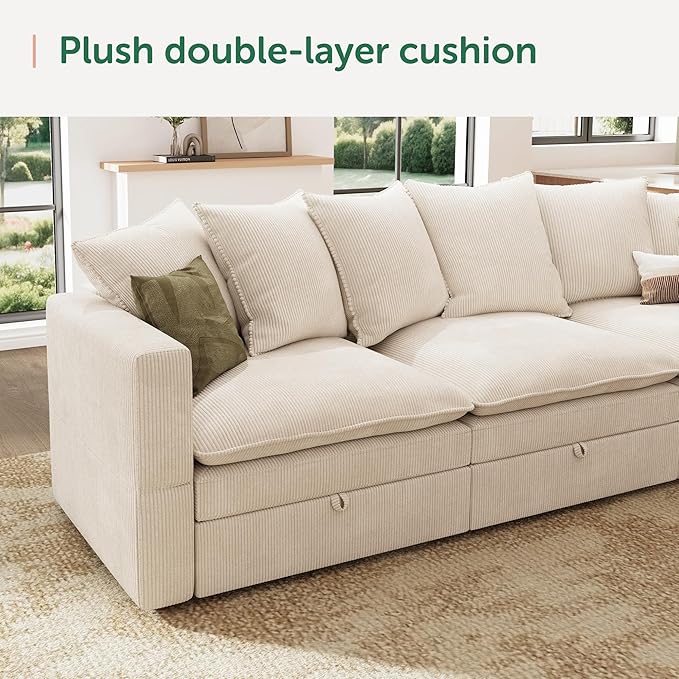 HHONBAY Modular Sectional Sofa, 6 Seaters Corduroy Sectional Couchwith Ottoman, L Shaped Sofa with Storage & Pillows, Beige