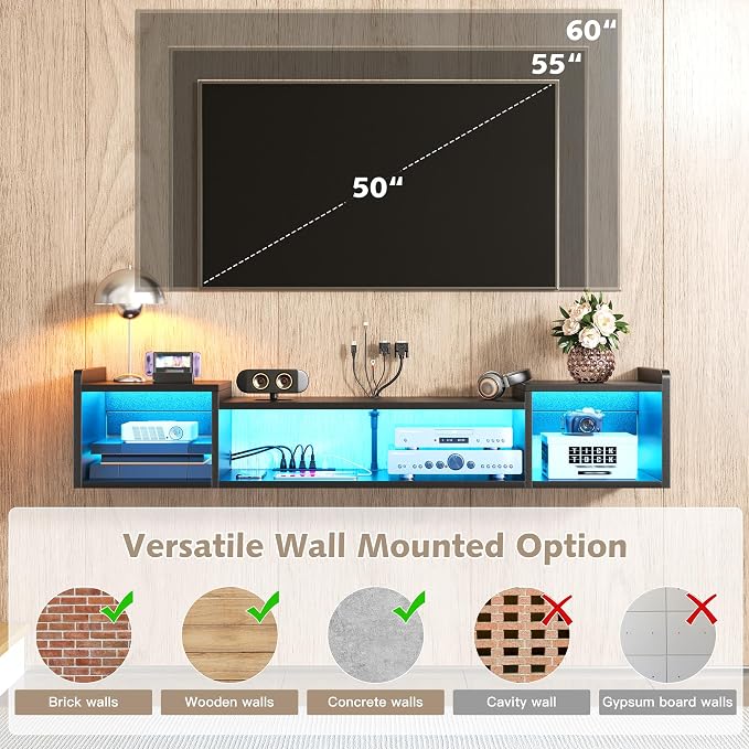 55.1"W Floating TV Stand with LED Lights & Power Outlets for 50 55 60 65 Inch TV Wall Mounted Entertainment Center with Storage for Living Room Wood Media Console Shelf Black TV Shelf Wood for Bedroom - Image 5
