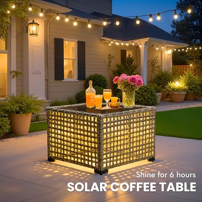 Outdoor Sectional Patio Furniture Set with Fire Pit Table and Glowing Table,8 Pieces Wicker Conversation Sets L Shaped Couch Out Door Sofa Set Outside Furniture for Garden Deck Yard,Beige
