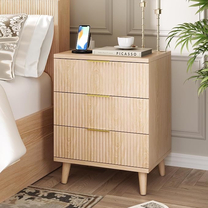 Fluted Night Stand, 20 inch Modern Nightstand with Charging Station Wood Bedside End Table with 3 Large Storage Drawers, Tall Side Table for Bedroom Sofa Office, Oak Natural by miucore