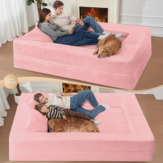 Futon Sofa Bed with Pillow, 3-in-1 Sleeper Sofa Bed with Removable Cover, Convertible Floor Sofa Bed, No Assembly Boneless Couch for Living Room, Bedroom