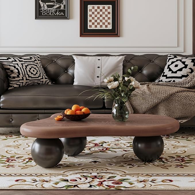 40" Modern Coffee Table Cloud Shape Low Center Table Cute Irregular Indoor Tea Table with 3 Ball Legs for Living Room Small Space, 40''L × 26.8''W × 11.7''H