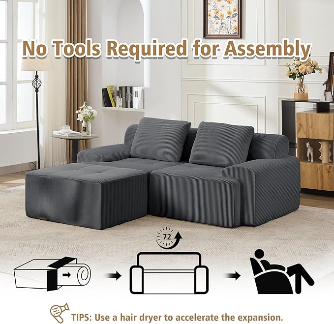 KIGOTY Modular Sectional Sofa,3 PCS Comfy Cloud Sectional Couch with Deep Seat, L-Shaped Corner Sofas with Ottoman, Modern Boneless Couch for Living Room, No Assembly Required,Grey