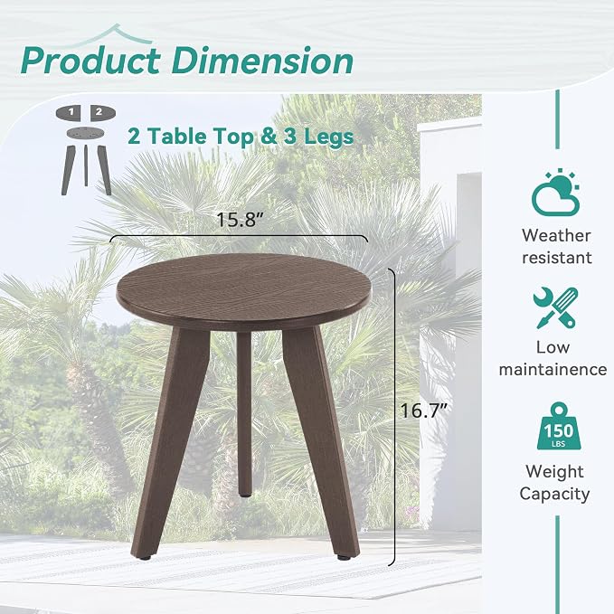 Outdoor Side Table, HDPS Outdoor Table, Small Round Side Table Weather-Resistant, Outdoor Side Tables for Patio, Porch,Deck,End Table for Plant Stand, Dark Brown - Image 3