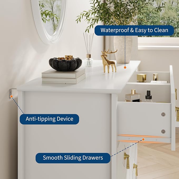 GarveeHome Fluted Dresser for Bedroom, 47.2 Inch Wide 6-Drawer Wood Dresser, Modern Chest of Drawers, Storage Organizer Cabinet for Living Room, Hallway, Entryway, White - Image 4