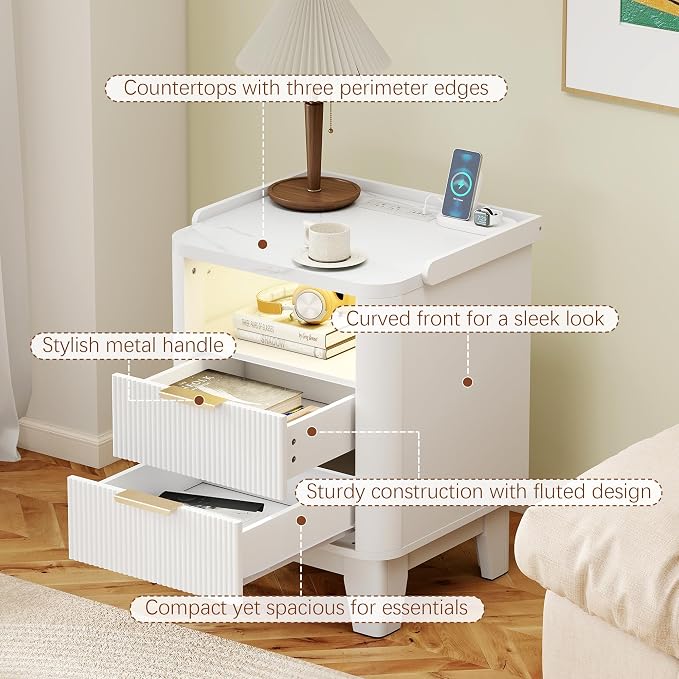 Baoz Fluted Nightstand with Charging Station,LED Smart End Table with 2 Storage Drawers and Open Shelf, Curved Profile Design Natural Wood Bedside Table for Bedroom (White) - Image 5