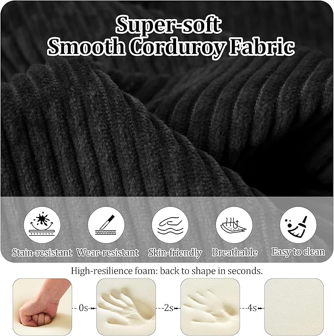 53.15'' Convertible Compressed Corduroy Folding Cloud Sofa Bed, Modern Boneless Pull Out Loveseat Sleeper in a Box, 4 in 1 Floor Mattress Futon Cloud Couch, No Assembly Needed, Black, 2 Pillows, Full