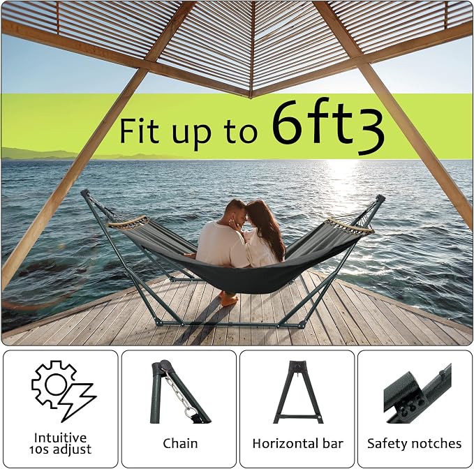 Tranquillo Universal Hammock with Stands Electro Static Coated Steel, Adjustable Foldable Hammock Stand with 2 Layered Polyester Net and Carry Bag for 2 Persons (Canvas - Grey) - Image 2