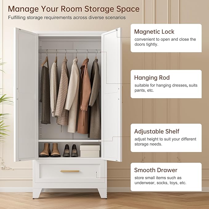 LCAOPC 71" Tall Metal Wardrobe Cabinet with Drawer and Hanging Rod, 2 Doors Armoire Wardrobe Closet with Shelf for Bedroom, Office, Laundry Room, White