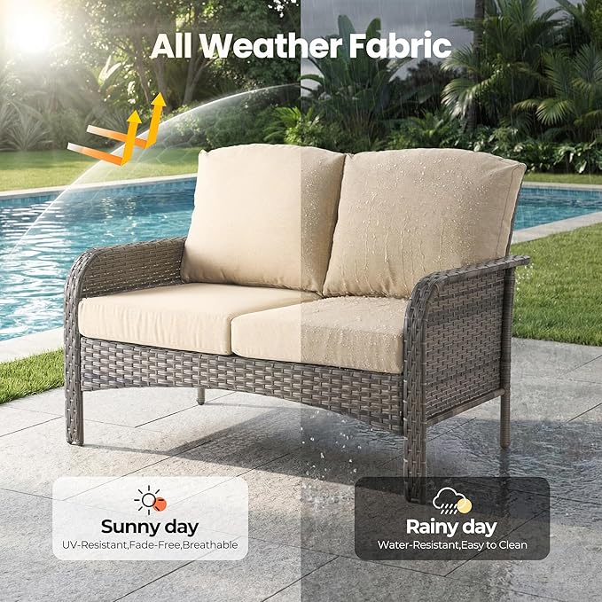 Weaxty 7 Pieces Patio Furniture Set,Wicker Outdoor Swivel Rocking Chairs,Rattan Loveseat Couch,Coffee Table,Patio Sofa Conversation Sets for Deck Backyard Porch Poolside,Beige