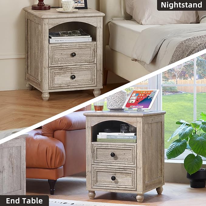 RWYHG 18" Farmhouse Night Stand with Charging Station, Gray Wood Nightstand with 2 Drawers, Bedside End Table with Shelf Storage, Bed Side Tables Cabinet for Bedroom, Living Room, and Closet - Image 7
