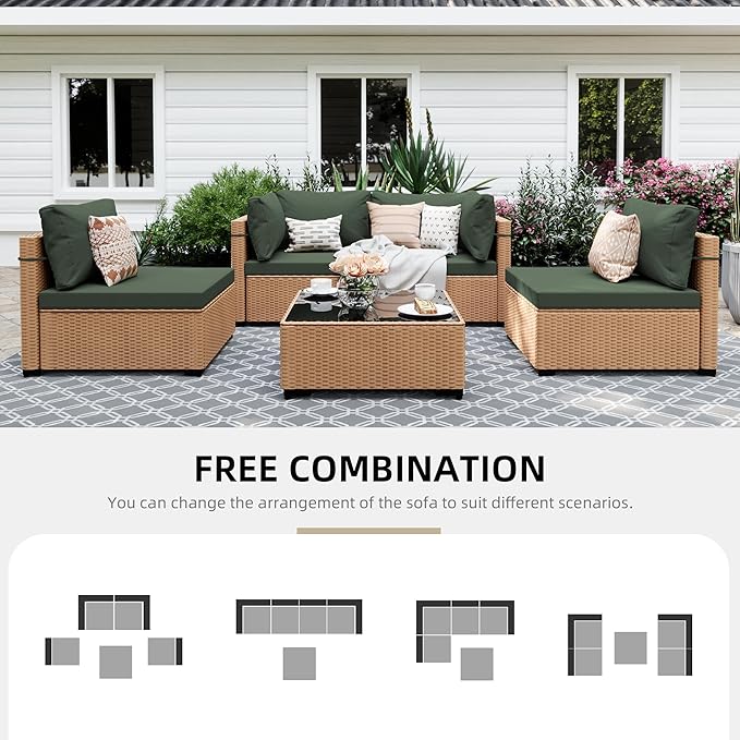 UPHA 5 Pieces Patio Furniture Sets, Wicker Outdoor Sectional Sofa Couch with Coffee Table, Patio Conversation Set for Deck Backyard Garden, Beige Rattan, Pine Green Cushion
