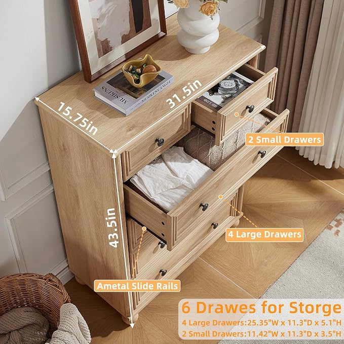 RWYHG Farmhouse 6 Drawer Dresser Set of 2, Natural Chest of Drawers, 43.5" Tall Dressers for Bedroom with Roman Column and Metal Handles, Wood Storage Organizer for Living Room, Hallway, Closet - Image 4