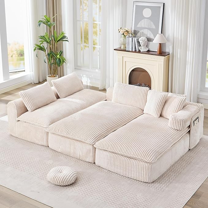 149" Oversized U Shaped Cloud Modular Sectional Sofa Boneless Couch with Double Chaise,Free Combination Convertible Floor Sofa Bed with Storage Pockets and Pillows | No Assembly