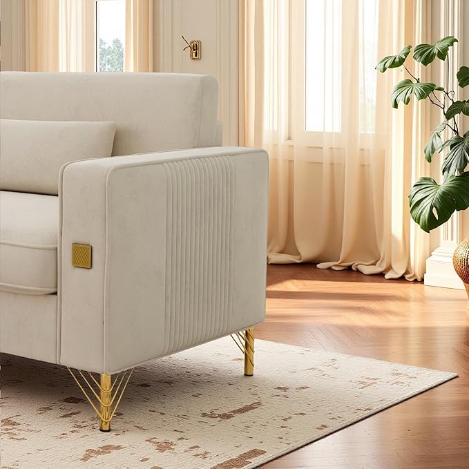 KEIKI 86" Oversized Luxury Velvet Sofa with Armrest and Removable Plush Cushions, Modern Gold Accents 3-Seater Couch with Solid Legs, Easy Assembly, for Living Room, Bedroom, Apartment, Beige