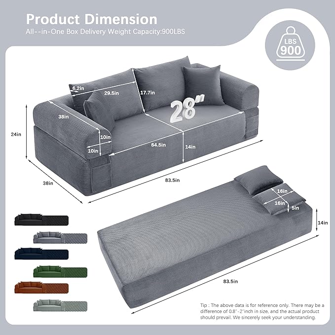 83" Modern Sofa in a Box, No Assembly Oversized 3 Seater 28" Deep Seat Cloud Sofa Bed Couch with 4 Furry Pillows & Corduroy Fabric, Boneless Couch with Side Storage Pockets for Living Room, Dark Grey