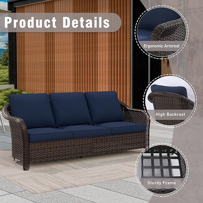 3 Piece Patio Wicker Conversation Set, All-Weather Use Outdoor Wicker Sofa with 2 PE Rattan Ottomans, Ideal for Porch, Backyard, Balcony, Poolside, Blue
