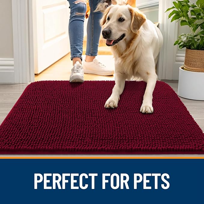 OLANLY Dog Door Mat for Muddy Paws 47x32, Absorbs Moisture and Dirt, Absorbent Non-Slip Washable Doormat, Quick Dry Chenille Mud Mat for Dogs, Entry Indoor Entryway Carpet for Inside Floor, Burgundy - Image 6