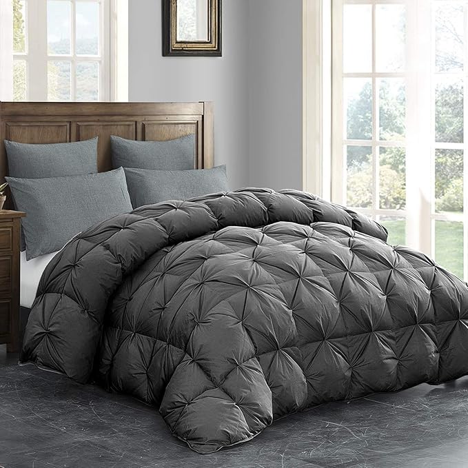 HOMBYS 120x128 Oversized King Feather and Down Comforter, Grey Pinch Pleat Thick Duvet Insert with 100% Cotton Cover, Oversized Extra Large Fluffy Palatial King Comforter for All Season
