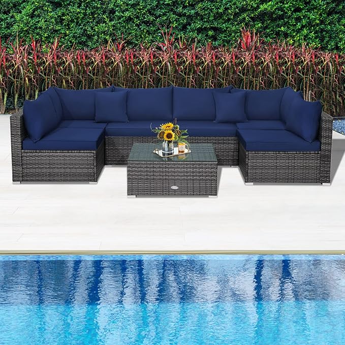 Tangkula 7 Piece Patio Wicker Furniture Set, Outdoor Rattan Sectional Sofa Set for 6 with Seat & Back Cushions, 2 Throw Pillows, Sofa Fastener Clips, for Backyard, Poolside, Deck and Garden (Navy)