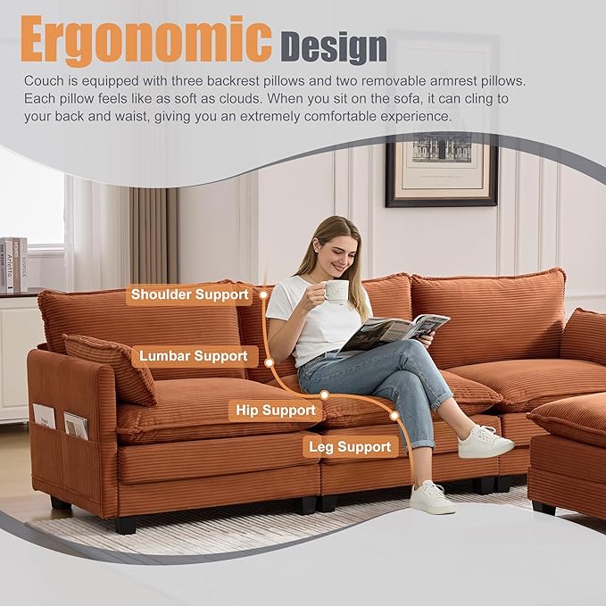 Modular Sectional Sofa Couch with Reversible Ottoman, 103" Oversized Corduroy Cloud Couch, 3 Seat Sectional Sofa with Solid Wood Frame and Side Pockets,for Living Room & Apartment