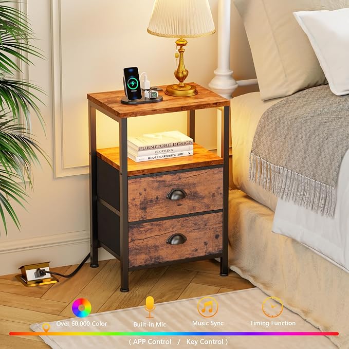 Furologee Nightstands Set of 2 Charging Station, End Tables with LED Lights, Nightstands with 2 Fabric Drawers and Shelves, Bedside Tables for Living Room/Bedroom,Rustic Brown - Image 5