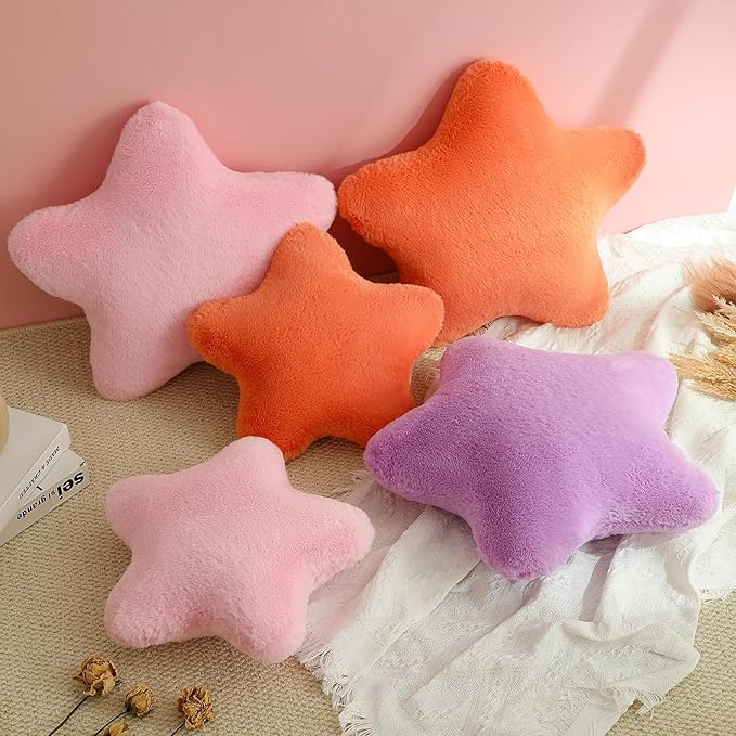 YRXRUS Star Pillows, Orange Star Shaped Pillow, Decorative Throw Pillow Gifts, Cute Plush Room Decor, Fluffy Faux Rabbit Fur 14"x14"Pillows for Living Bedroom
