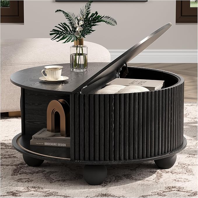 Round Coffee Table with Storage, 31.5" Mid Century Modern Coffee Table with Sliding Door & Bun Feet, Minimalist Fluted Center Table for Living Room, Home Small Space, Black