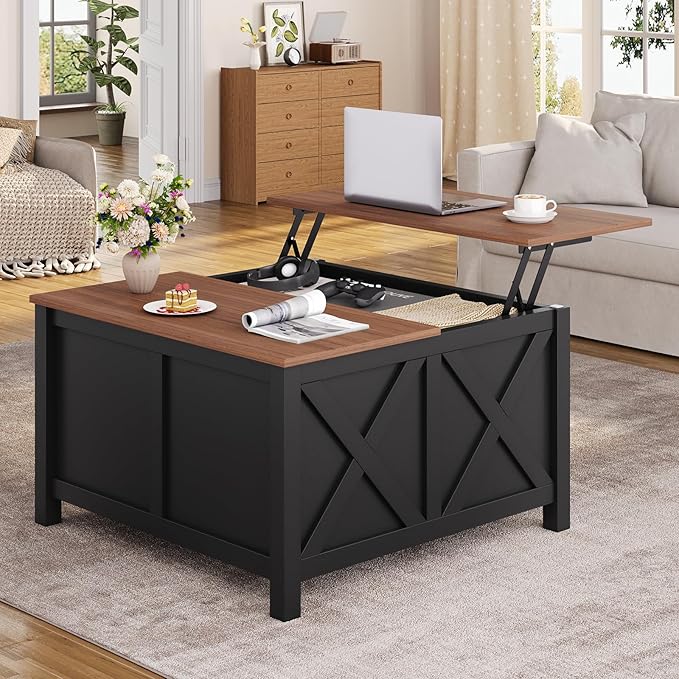 Lift Top Coffee Table with Storage, 31.5" Farmhouse Coffee Tables with Wooden Lift Tabletop and Hidden Compartment Square Center Table for Living Room, Small Space Home Office, Black