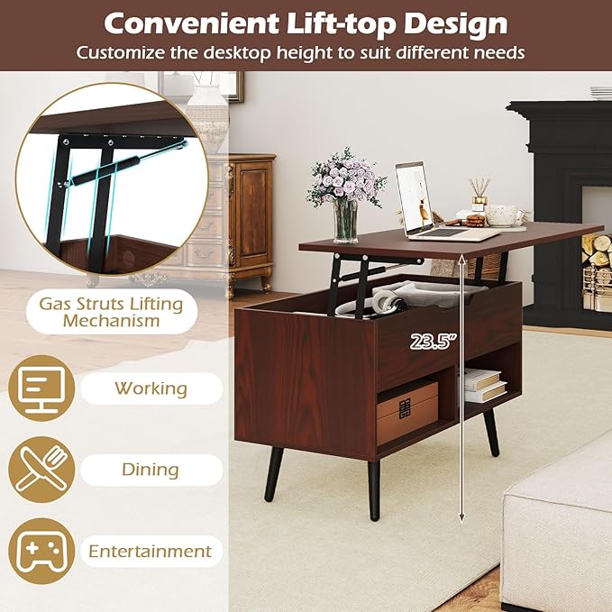 Giantex Lift Top Coffee Table, Modern Cocktail Table w/Hidden Compartment & 2 Open Shelves, Flip Top Center Table, Wooden Pull up Coffee Table for Living Room, Reception Room, Office (Walnut)