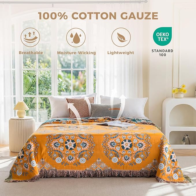 Boho Throw Blanket for Bed 100% Cotton Soft Lightweight Quilt Floral Embroidery Home Decor Spring Breathable Bed Blanket,60"x80" All Season Reversible Twin Yellow Blankets for Sofa Couch Chair