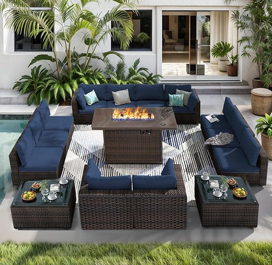 15 Piece Patio Furniture Set with Fire Pit Table All Weather PE Rattan Outdoor Sectional Sofa Couch with No-Slip Cushions and Glass Top Tables for Garden, Poolside, Backyard (Blue)