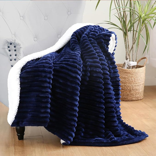 Navy Blue Sherpa Fleece Throw Blanket 60”×80” for Couch Sofa Bed,Double Side Soft Fuzzy Cozy Plush Thick Flannel Blanket with Striped Design,Gift for Adults,Woman,Girls