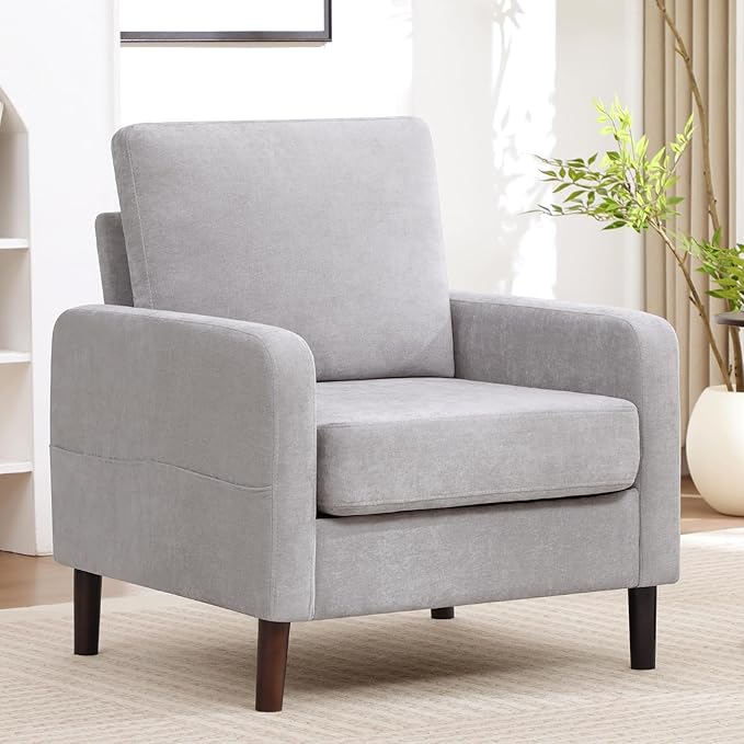 Accent Chair for Living Room, Modern Reading Chair for Bedroom, Upholstered Armchair with Wood Legs and Side Pockets, Single Sofa Side Chair for Office, Small Room, Apartment, Light Grey