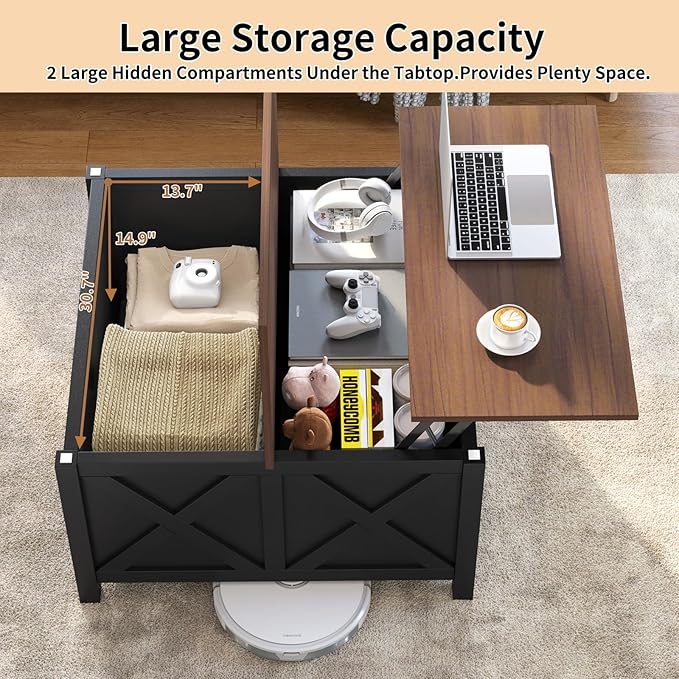 Lift Top Coffee Table with Storage, 31.5" Farmhouse Coffee Tables with Wooden Lift Tabletop and Hidden Compartment Square Center Table for Living Room, Small Space Home Office, Black