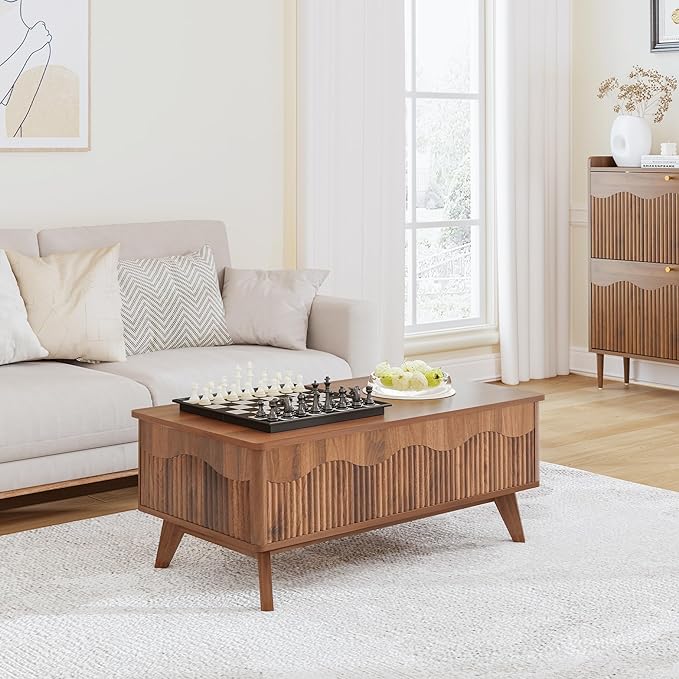 BERRYMERRY Lift Top Coffee Table with Hidden Storage, Farmhouse Fluted Coffee Table with Wave Profile, Rising Top Rectangular Center Table for Living Room (Walnut)