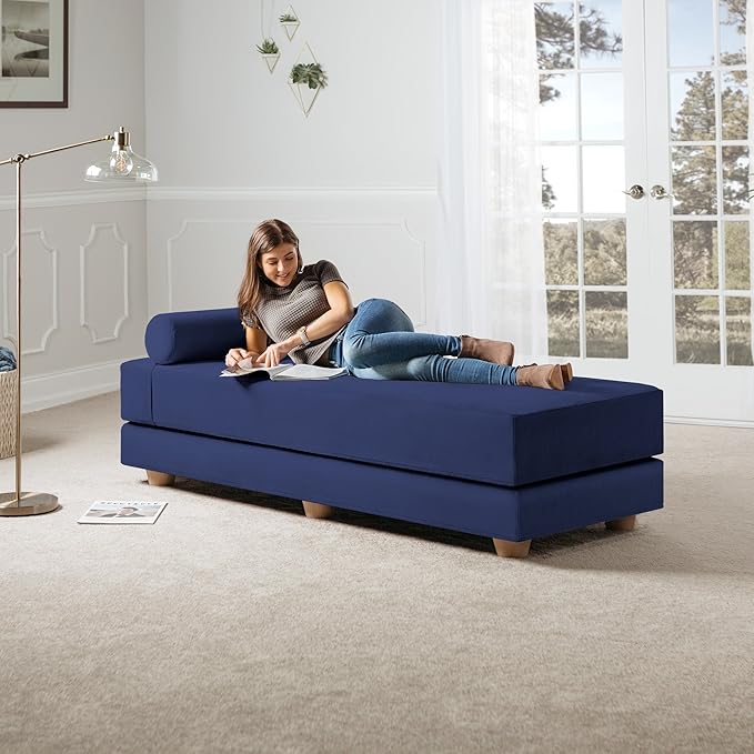 Jaxx Alon Daybed - Fold-Out Sleeper Chaise with Premium Memory Foam Queen-Size Mattress - Made in The USA - Indigo