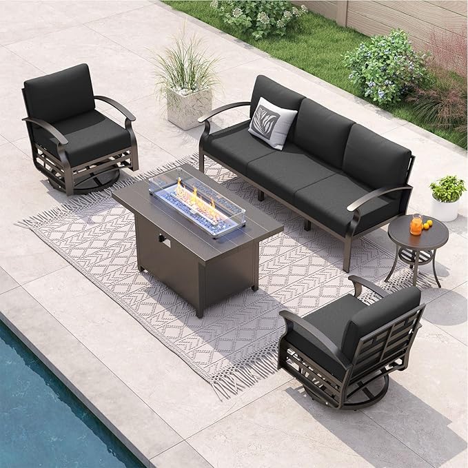 ALAULM Aluminum Patio Furniture Set with Propane Fire Pit Table 5-seat Metal Outdoor Furniture w/Fire Pit Patio Sectional Sofas w/5.1" Cushions for Patio, Backyard, Poolside-Black