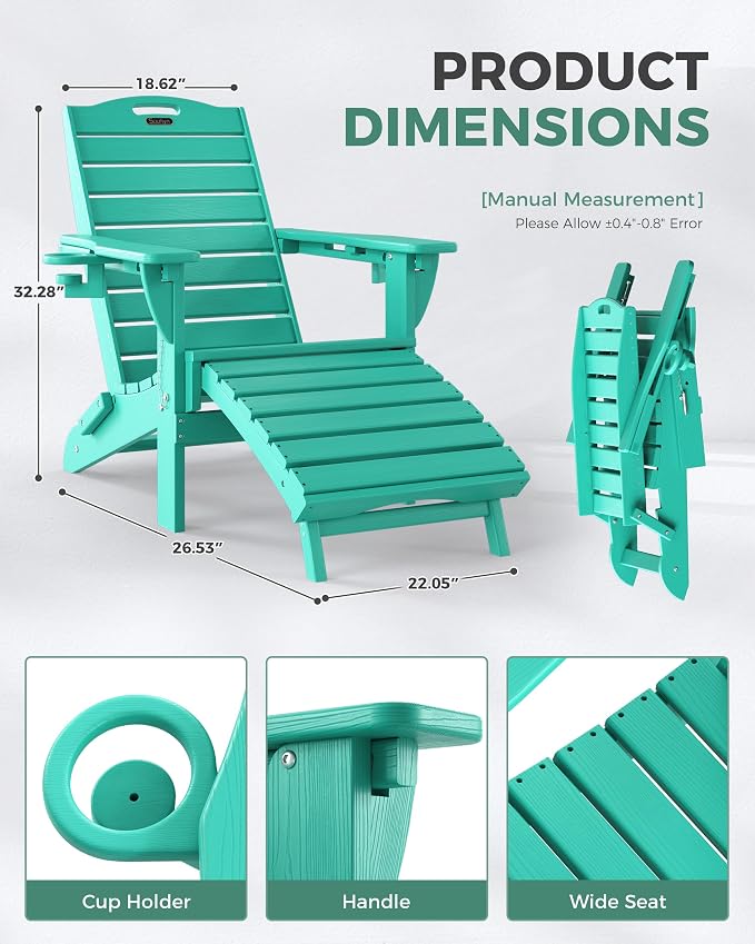 Adjustable Adirondack Chairs Set of 4 with Retractable Ottoman, HDPE Folding Adirondack Chair with Cup Holders, Weather Resistant for Backyard, Poolside & Fire Pit (Lake Blue) - Image 3