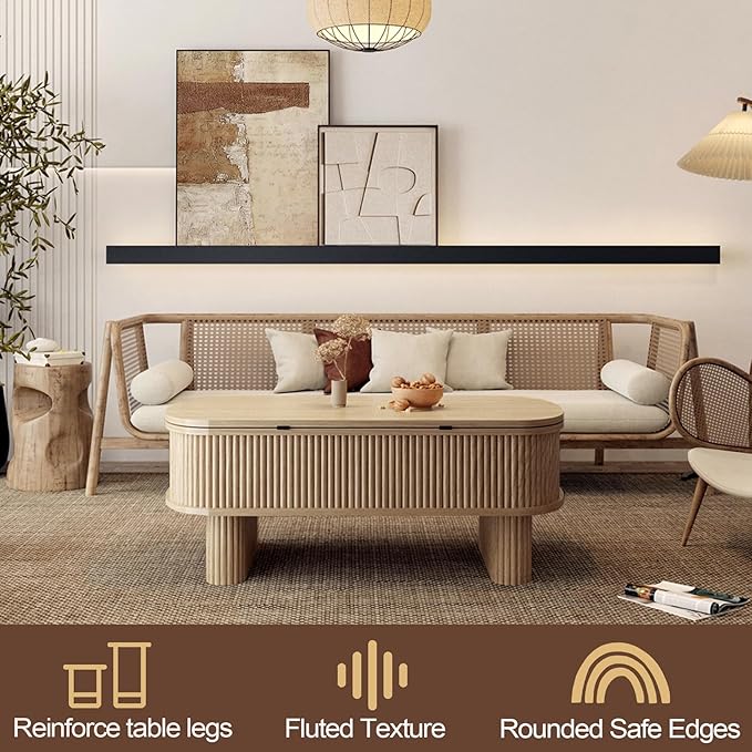 Lift Top Coffee Table with Large Storage,Lifting Converts to Dining Table,Oval Pop Up Coffee Table Fluted Wood Center Table for Living Room,Fully Assembled Space-Saving for Eating&Laptops